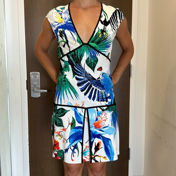 ROBERTO CAVALLI Exotic Tropical Pleated Dress with Black Trim - Picture 1 of 11
